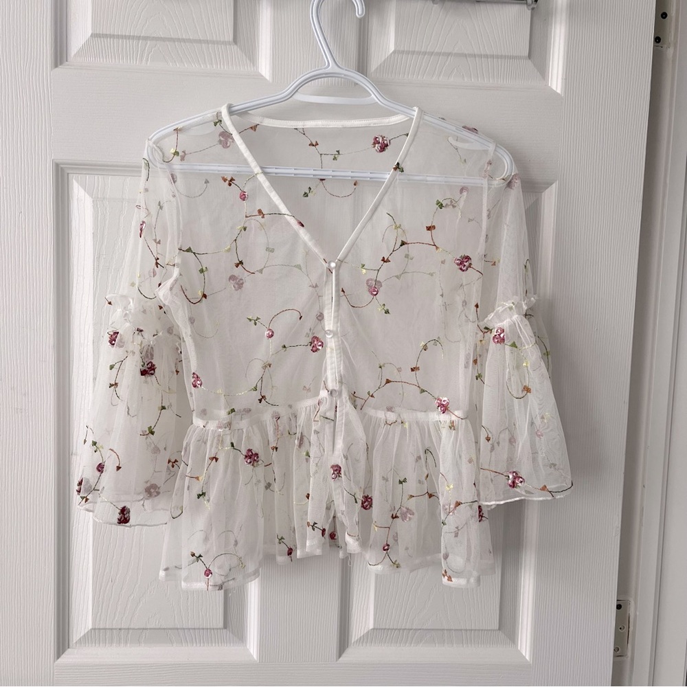 Vintage 90s mesh rose peplum boho top S